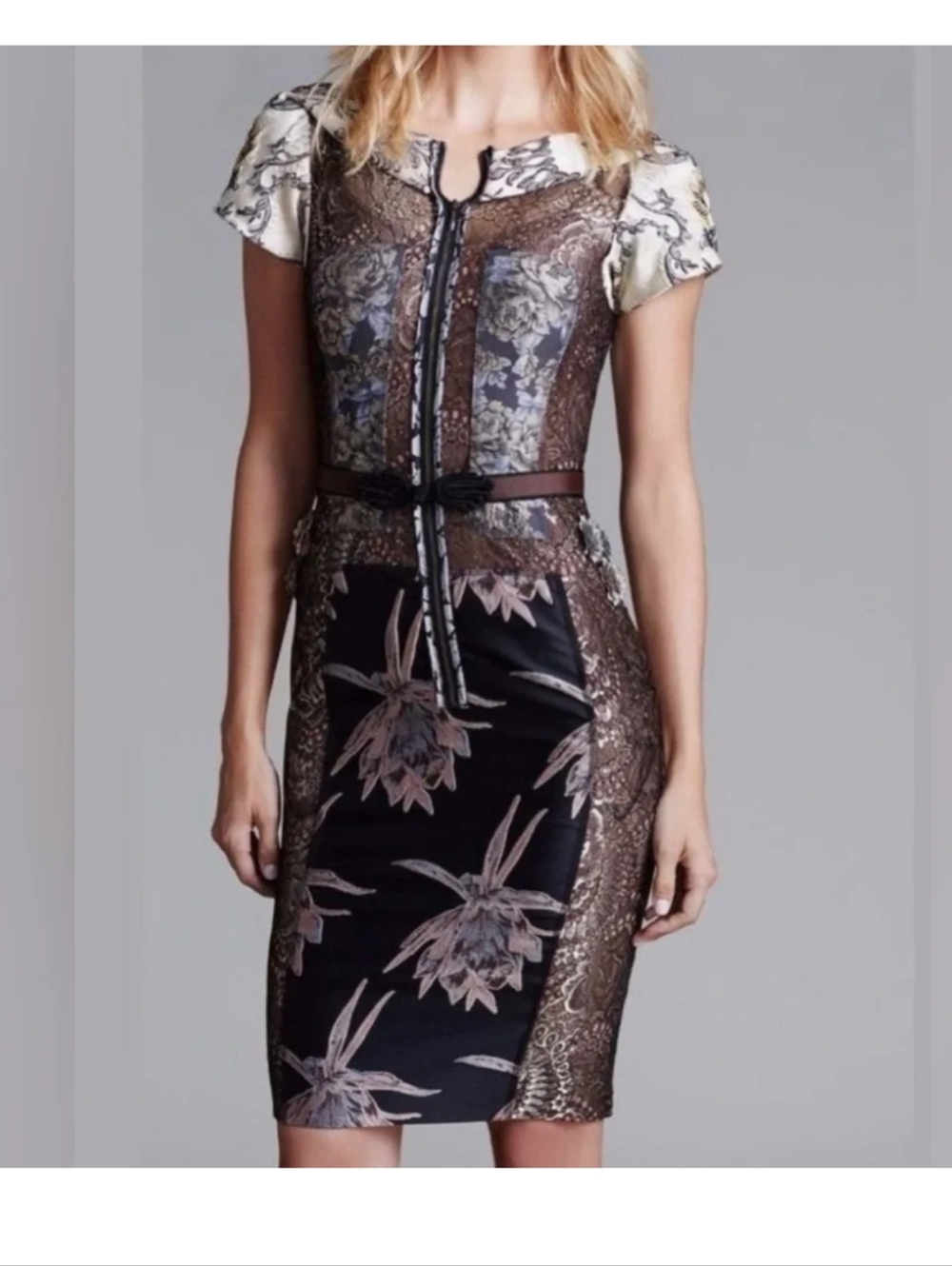 Byron Lars Floral Lace Midi Dress in Black, Cream, Brown